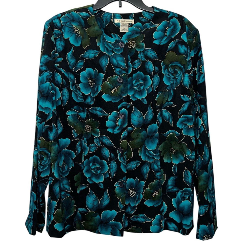 Notations Teal Floral Button Front Blouse Top XL Stretch Long Sleeve Vintage 90s - Picture 3 of 8